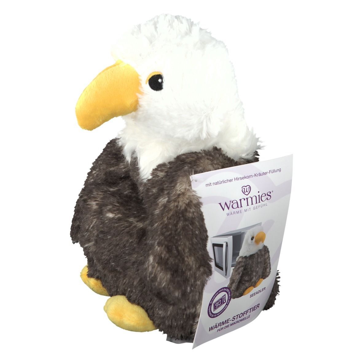 Warmies® Seeadler, Stofftier in Adlerform. Weißer Kopf, brauner Körper, gelber Schnabel und Füße. Mit Etikett.