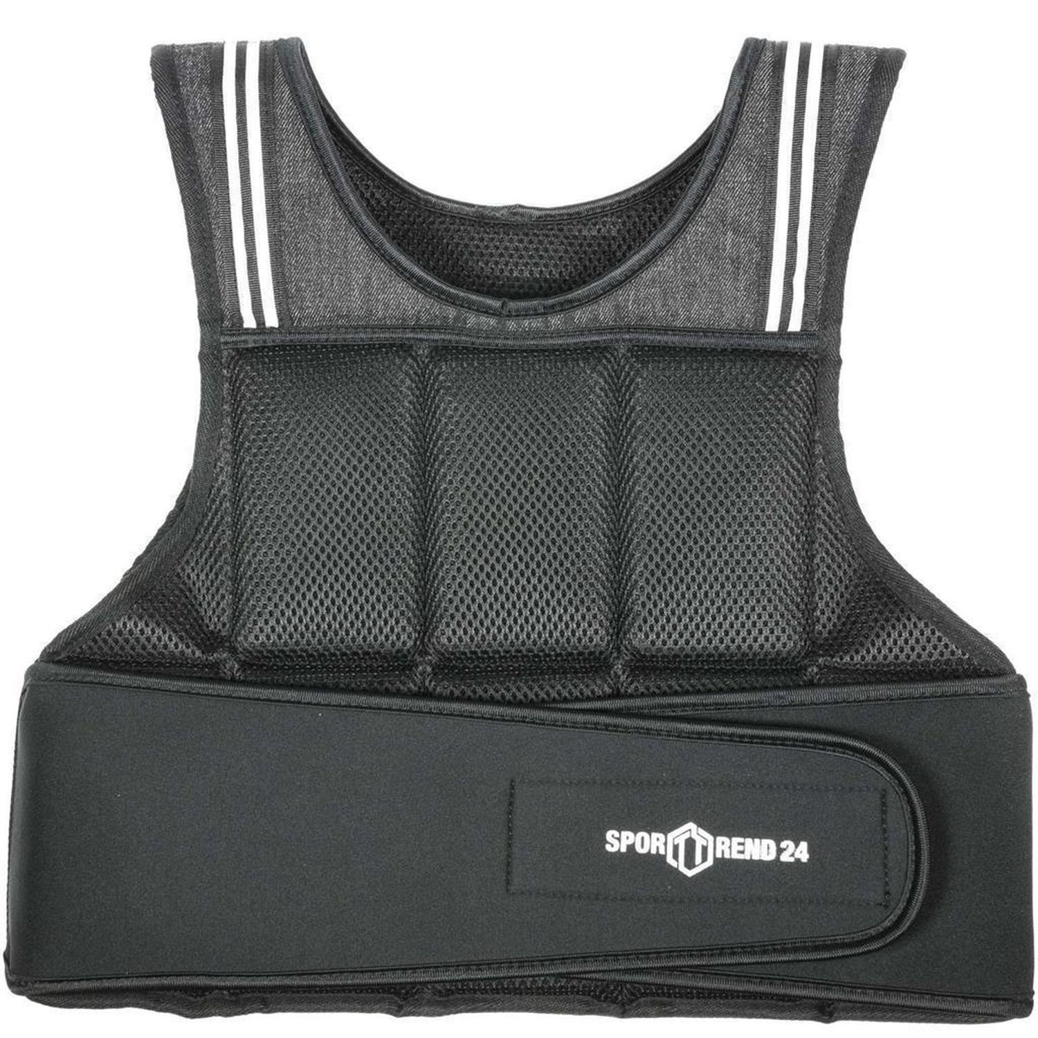 Schwarze Gewichtsweste mit Mesh-Einsätzen und verstellbarem Bauchgurt. Logo Sporttrend 24.