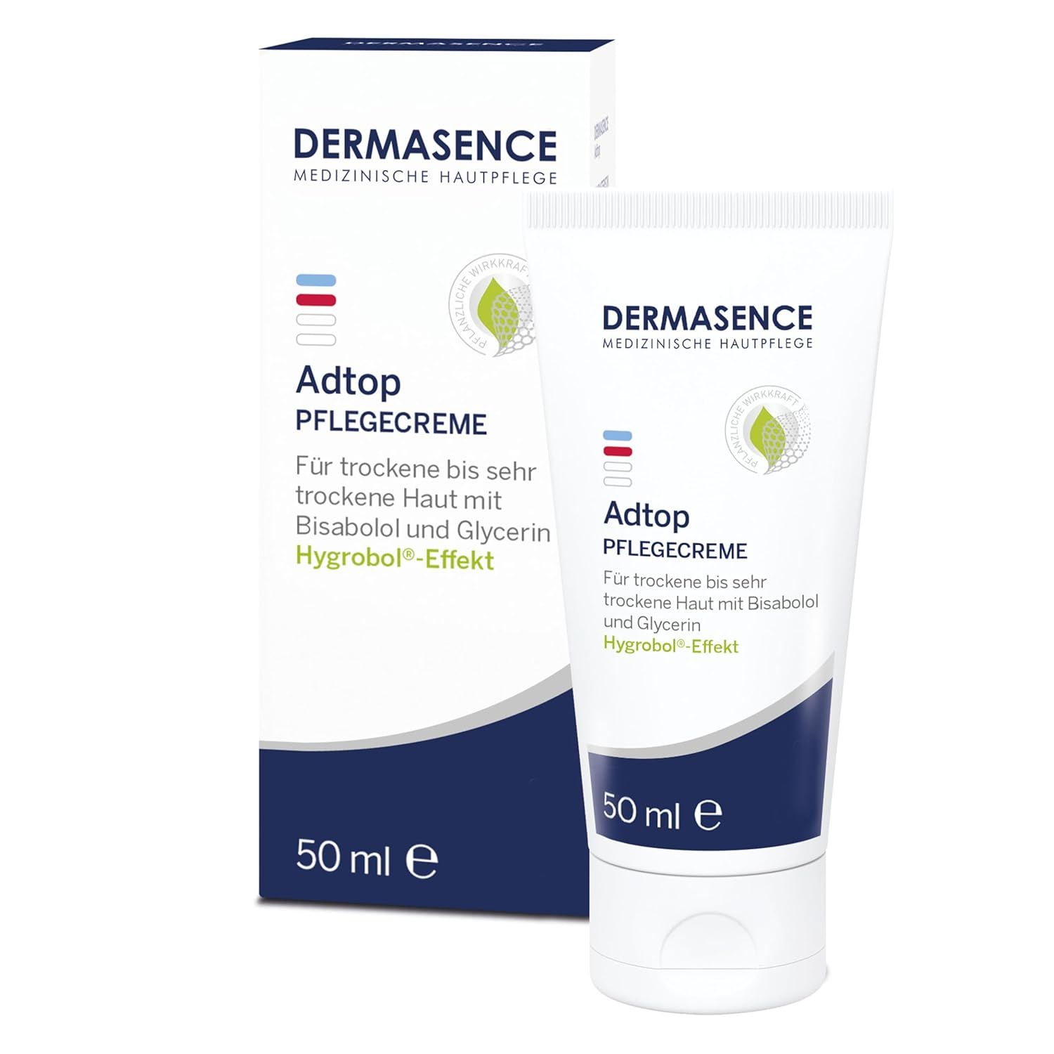 Creme-Tube und Verpackung. Auf der Tube steht: Adtop Pflegecreme. Für trockene bis sehr trockene Haut. 50 ml.