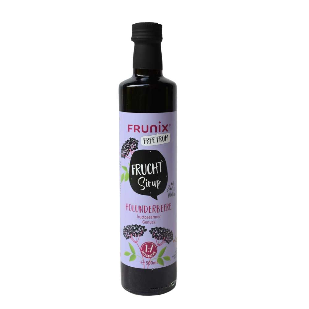 Flasche mit schwarzem Deckel. Etikett mit "FRUNIX", "Frucht Sirup", Holunderbeere und weiteren Angaben.