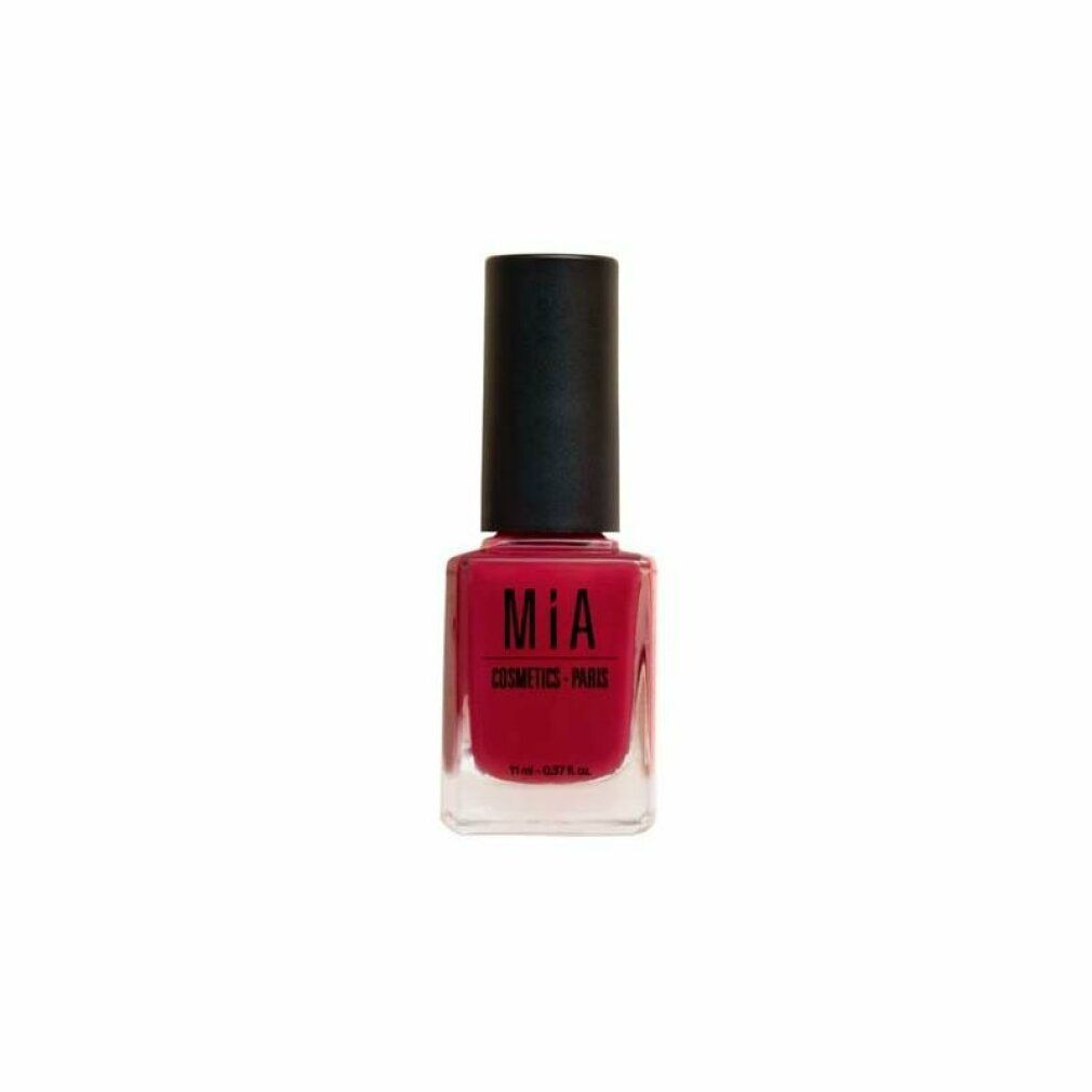 Nagellackflasche mit schwarzem Deckel. Farbe: Carmine. Aufschrift: MIA COSMETICS - PARIS.