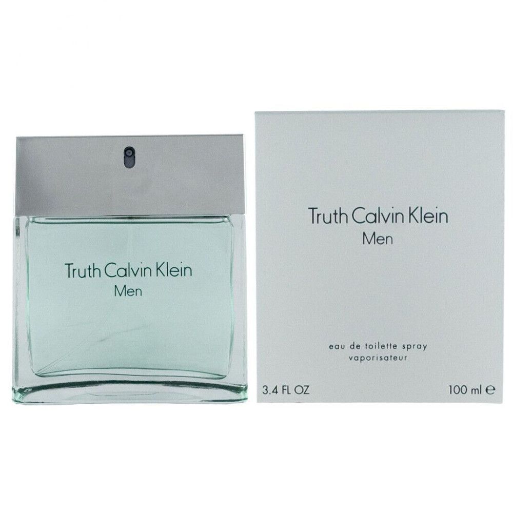 Truth Calvin Klein Men Eau de Toilette Spray. Flakon und Verpackung. Rechteckiger Flakon mit silbernem Deckel. Weiße Verpackung.
