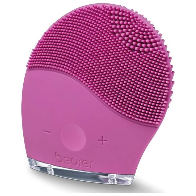 Pinkfarbene Gesichtsreinigungsbürste mit Silikonborsten und Bedienelementen. Marke: beurer. Unterseite transparent.