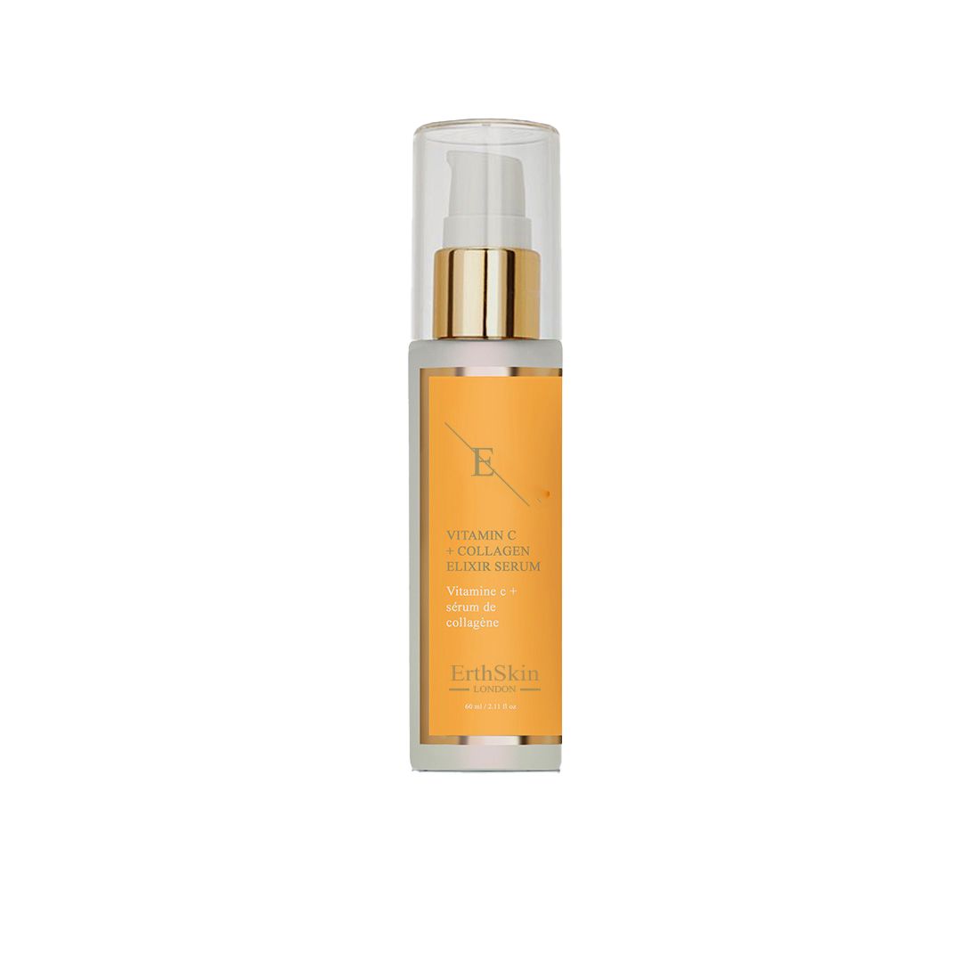 Serumflasche. Aufschrift: VITAMIN C + KOLLAGEN ELIXIER SERUM, ErthSkin London.
