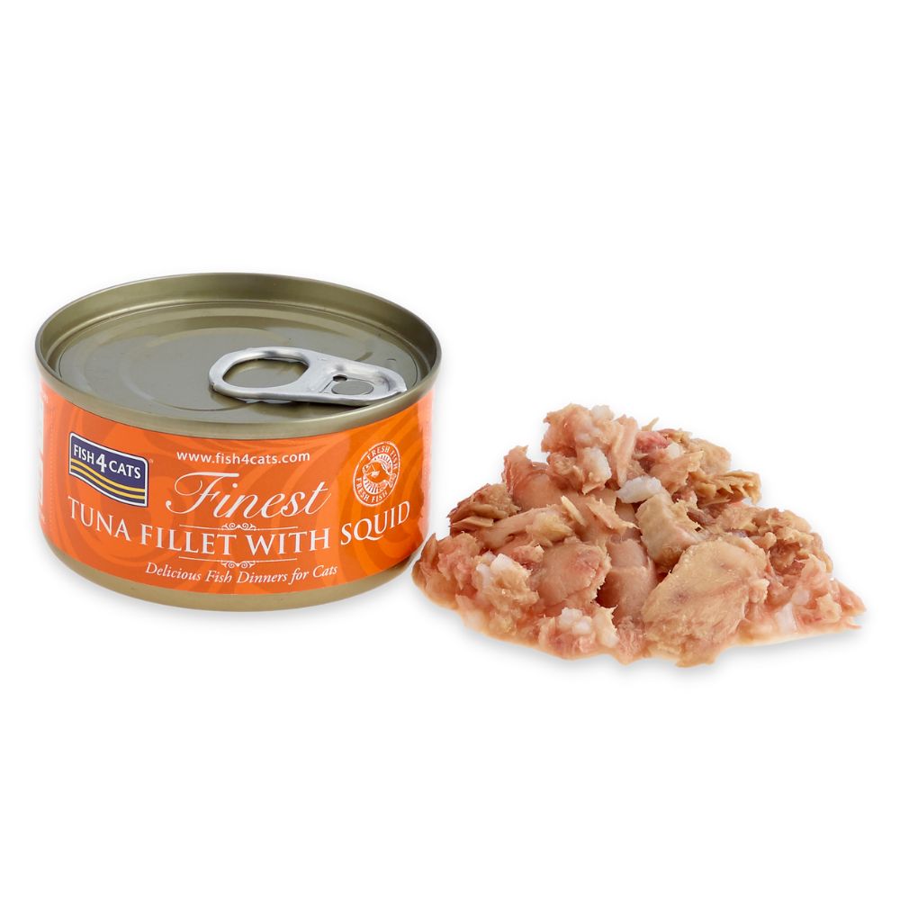 Geöffnete Dose Thunfischfilet mit Tintenfisch und Thunfischstücke daneben. Aufschrift: Fish4Cats Finest Tuna Fillet with Squid.