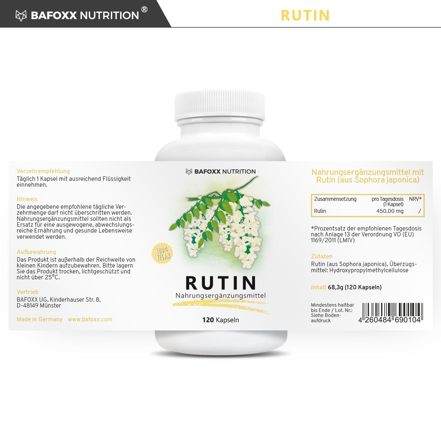 Weiße Flasche mit "Rutin"-Kapseln. 120 Kapseln. Produktinformationen.