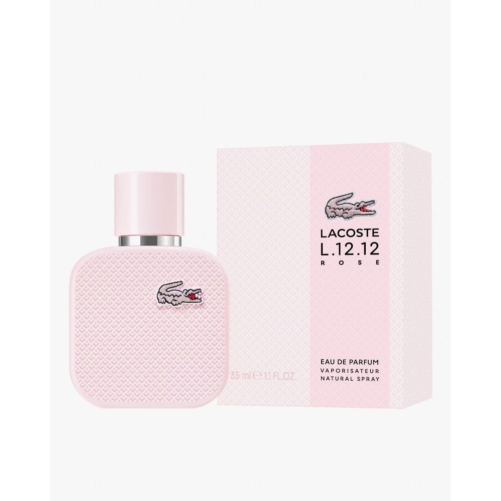 Rosa Lacoste L.12.12 Rose EdP Nat. Spray Flakon und Verpackung. Logo Krokodil. Text: Eau de Parfum, Natural Spray.