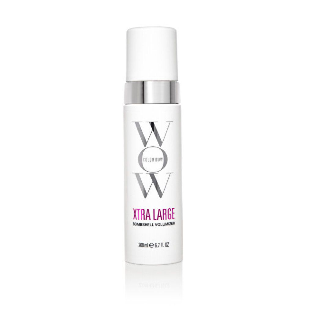 Weißes Produkt mit silbernem Ring und weißem Deckel. Aufschrift: WOW, XTRA LARGE Bombshell Volumen-Schaum. 200ml 6.7 fl oz.