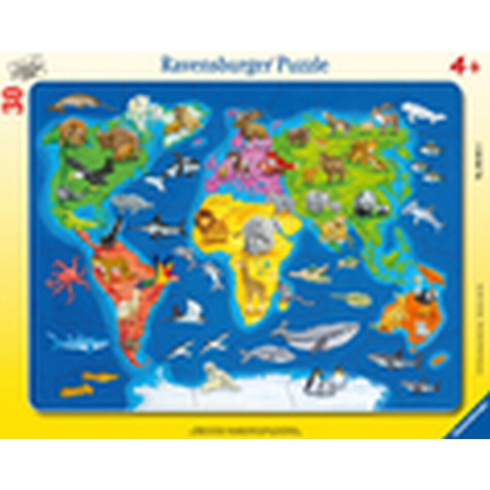 Kinderpuzzle Weltkarte mit Tieren (30 Teile, Rahmenpuzzle)
