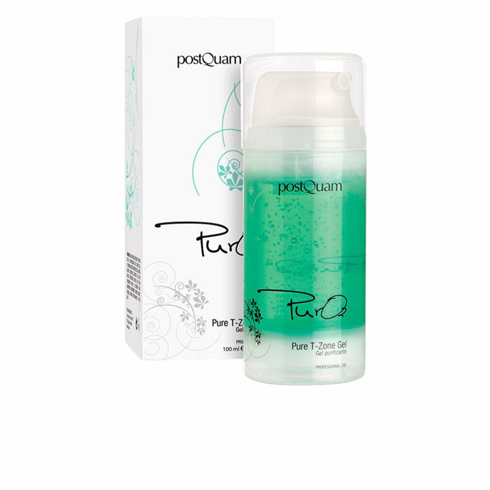 Gel detergente con confezione. Flacone di gel verde con dosatore. Scritta 'postquam' e 'Pure T-Zone Gel'.