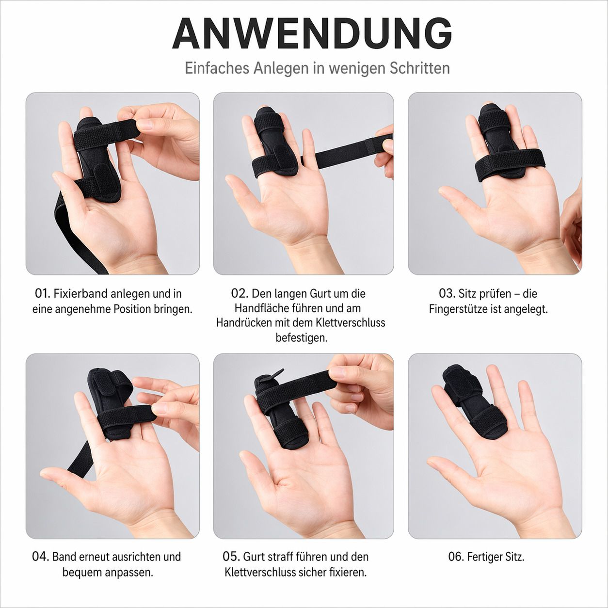 Anleitung zur Anwendung der Fingerbandage. Sechs Schritte. Fixierung, Anpassung und sicherer Sitz.