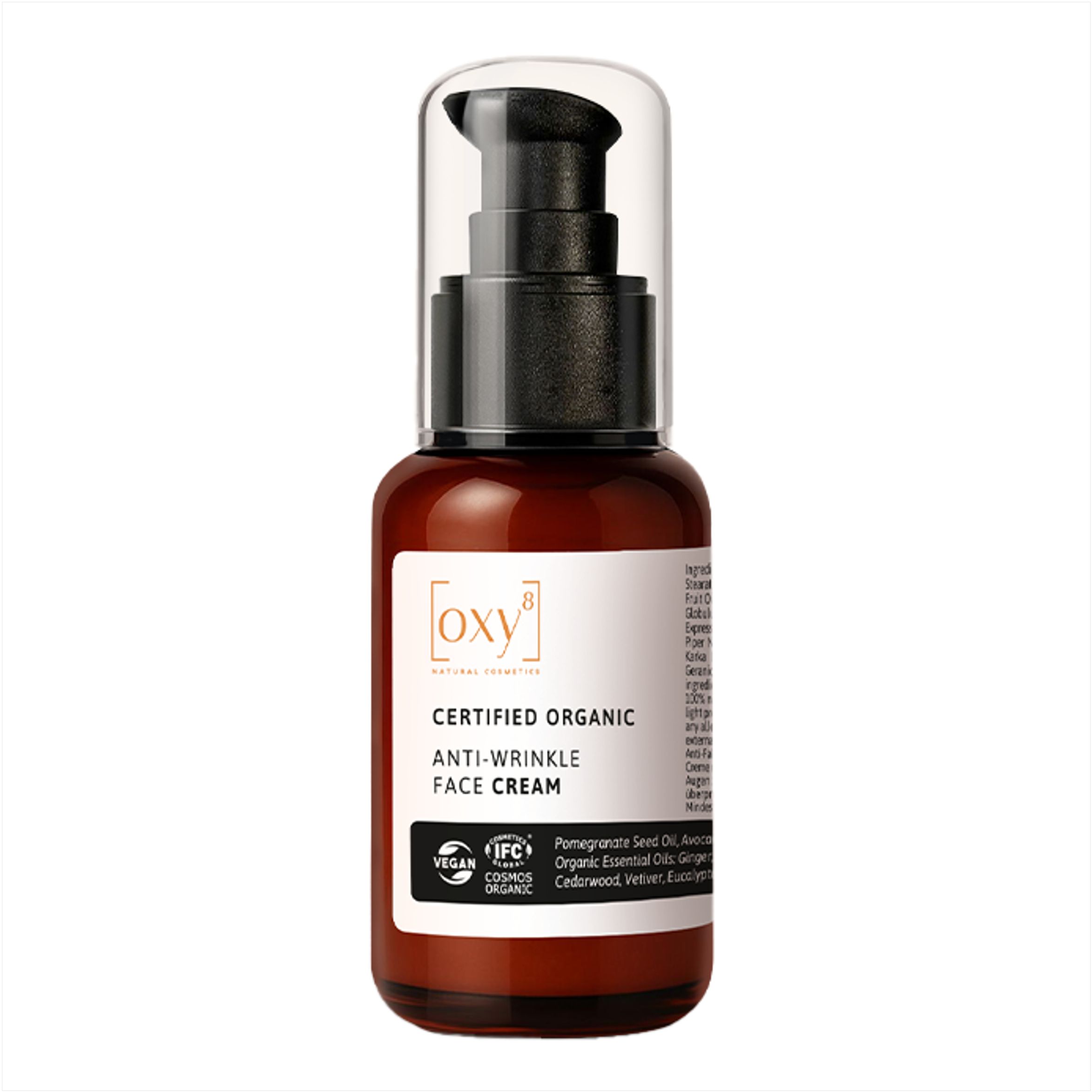 Braune Flasche mit Pumpe. Aufschrift: Anti-Wrinkle Face Cream. Zertifiziertes Bio-Produkt. Vegan.