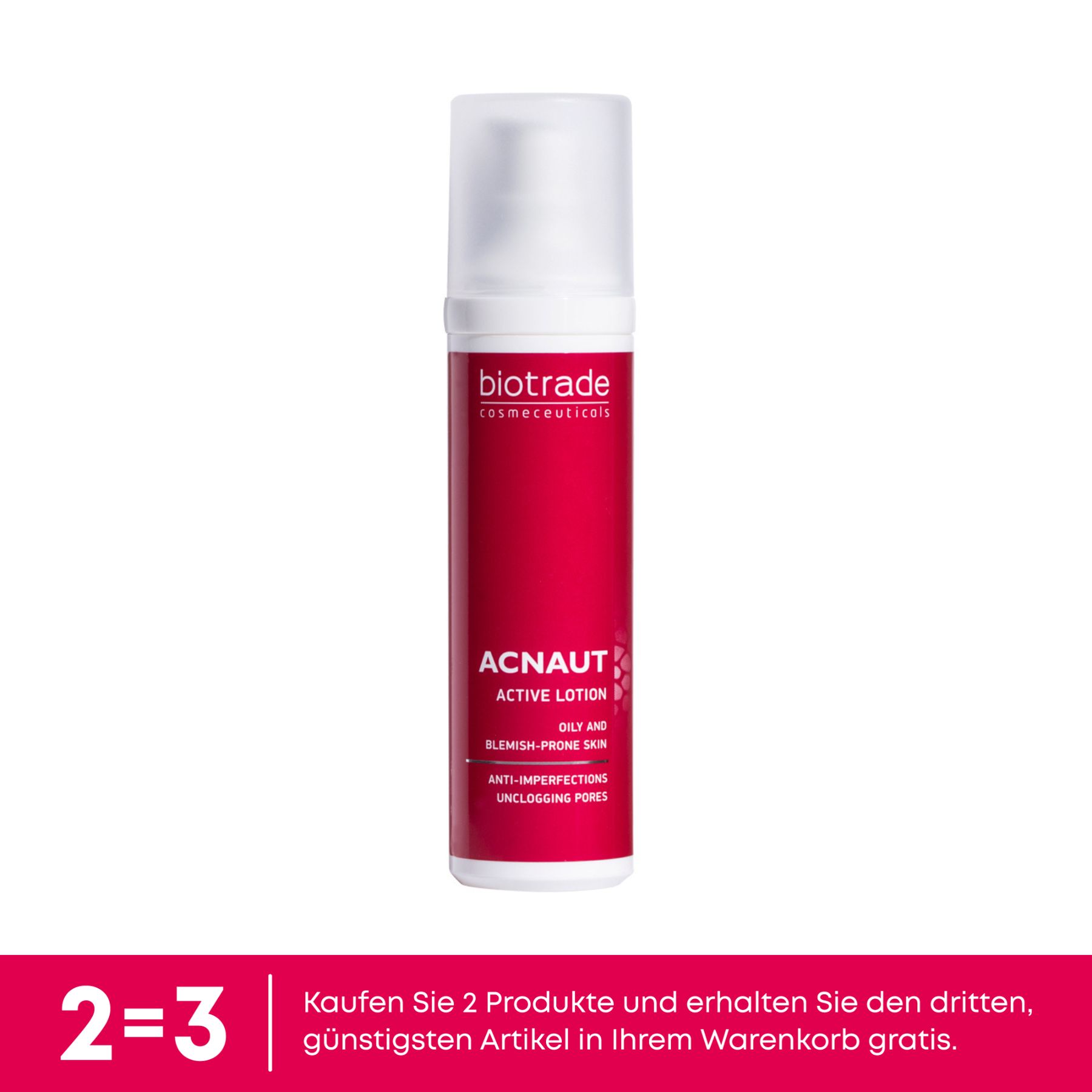 Rote Flasche mit weißem Deckel. Text: Biotrade, Acnaut Active Lotion. 2=3 Angebot.