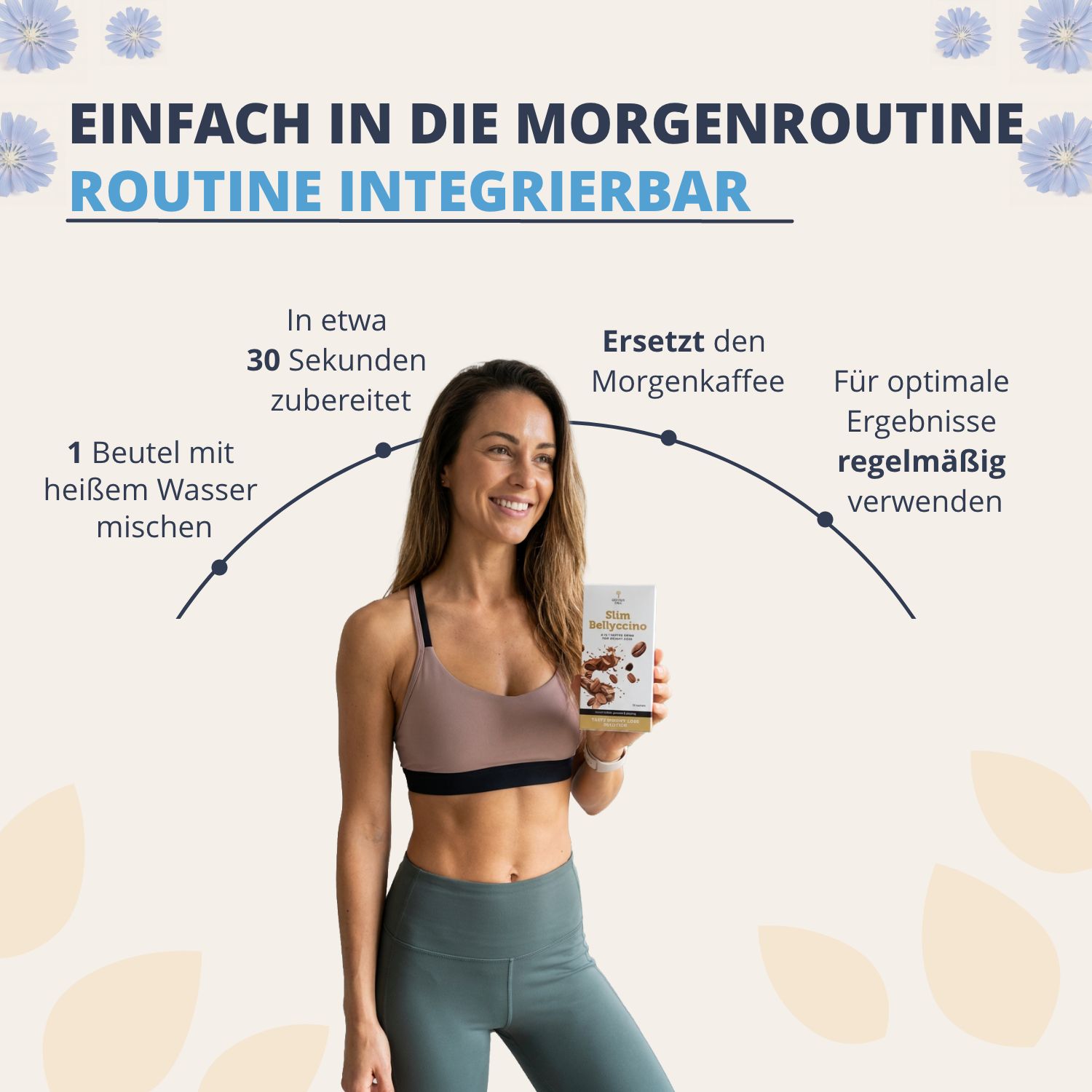Frau hält Golden Tree SlimBellyccino, integrierbar in Morgenroutine.