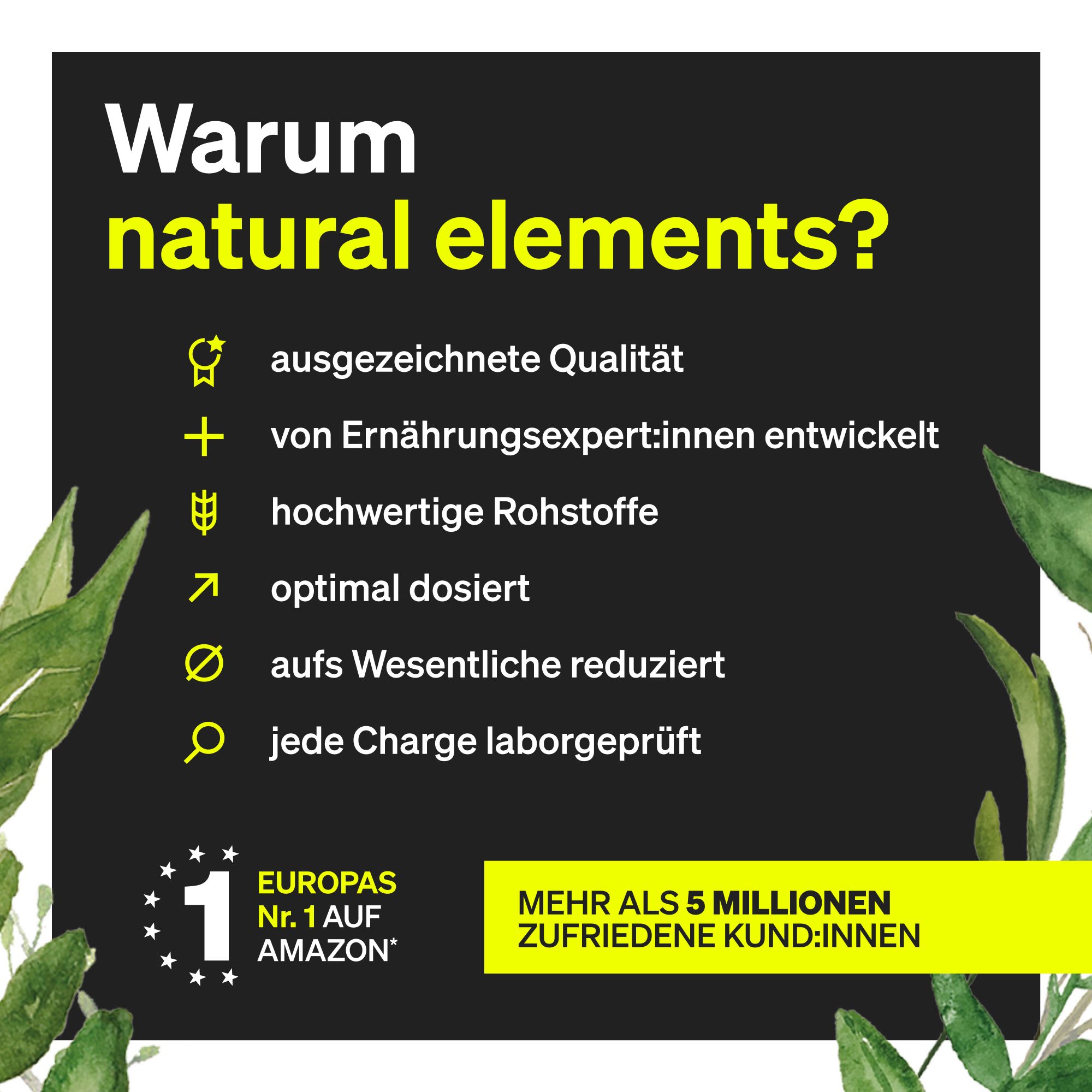 Schwarzer Hintergrund mit gelbem Text. Aufschrift: Warum natural elements? Ausgezeichnete Qualität, von Experten entwickelt.