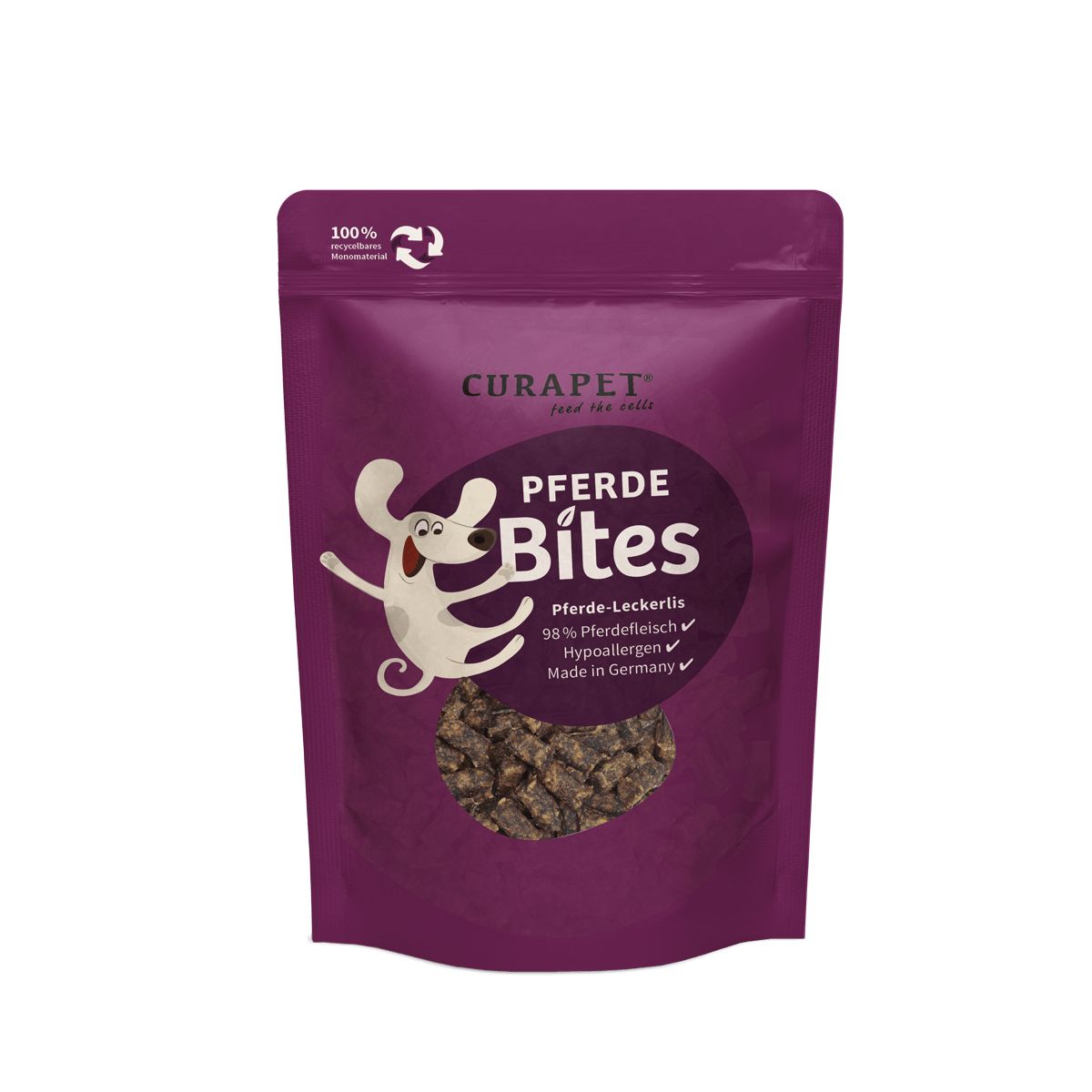 Violette Verpackung mit Pferde Bites. Logo CURAPET, Text: Pferde Bites, 98% Pferdefleisch, hypoallergen, Made in Germany. Recycling-Symbol.