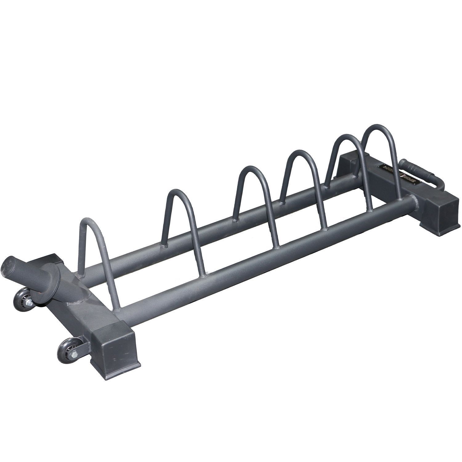 Schwarzer Metall-Bumper Plate Rack. Sechs Halterungen für Gewichtsscheiben. Griff an der Seite. Räder an den Füßen.