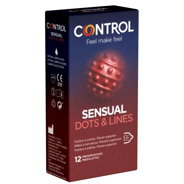 Verpackung von Control SENSUAL Dots & Lines. Schwarzer Karton mit Produktnamen und Abbildung. 12 Kondome.