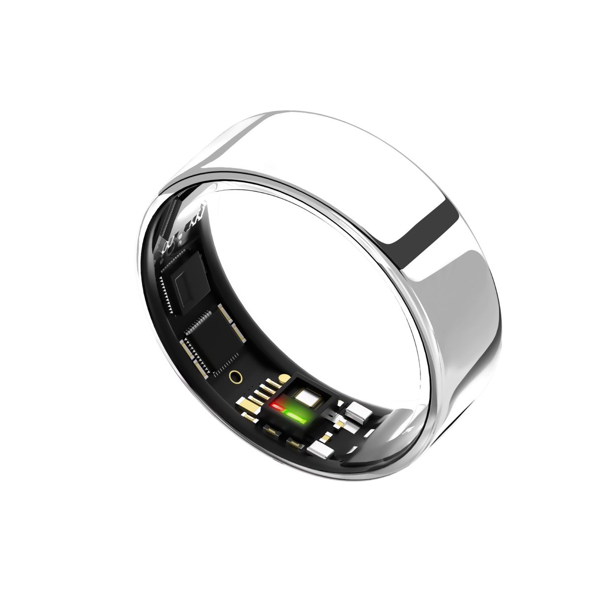 Silberfarbener Ring mit schwarzer Innenseite. Innenliegende Elektronik und Sensoren sichtbar.