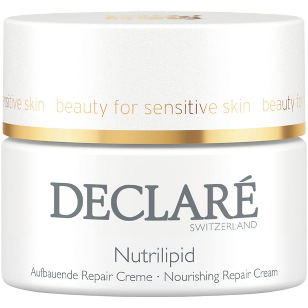 Weißer Tiegel mit goldfarbenem Deckel. DECLARÉ-Logo und Produktname Nutrilipid. Aufschrift: Aufbauende Repair Creme.