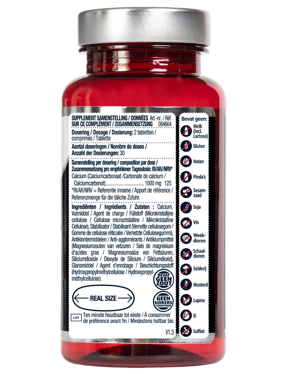 Rückseite einer Flasche Lucovitaal Super Kalzium 1000mg mit Nährwertangaben und Inhaltsstoffen.