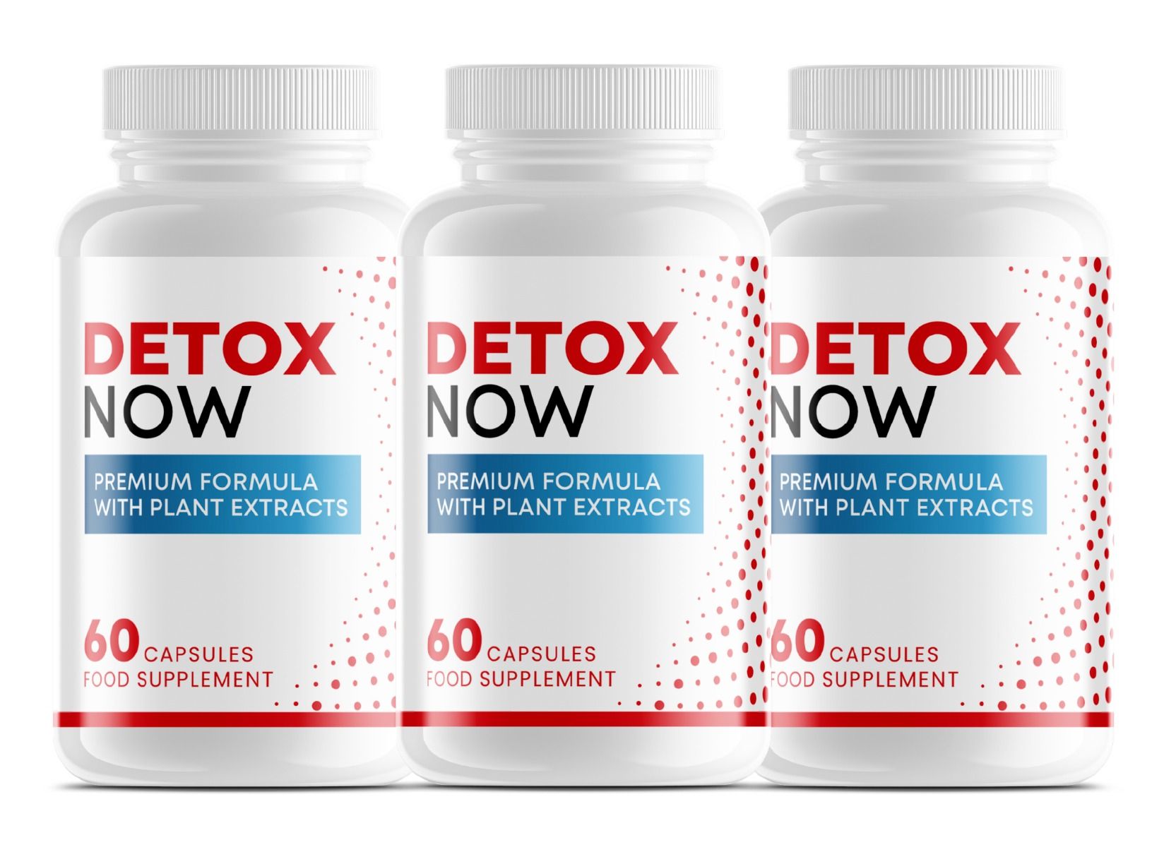 Drei weiße Flaschen mit Etiketten. Aufschrift: Detox Now, Premium-Formel mit Pflanzenextrakten, 60 Kapseln.