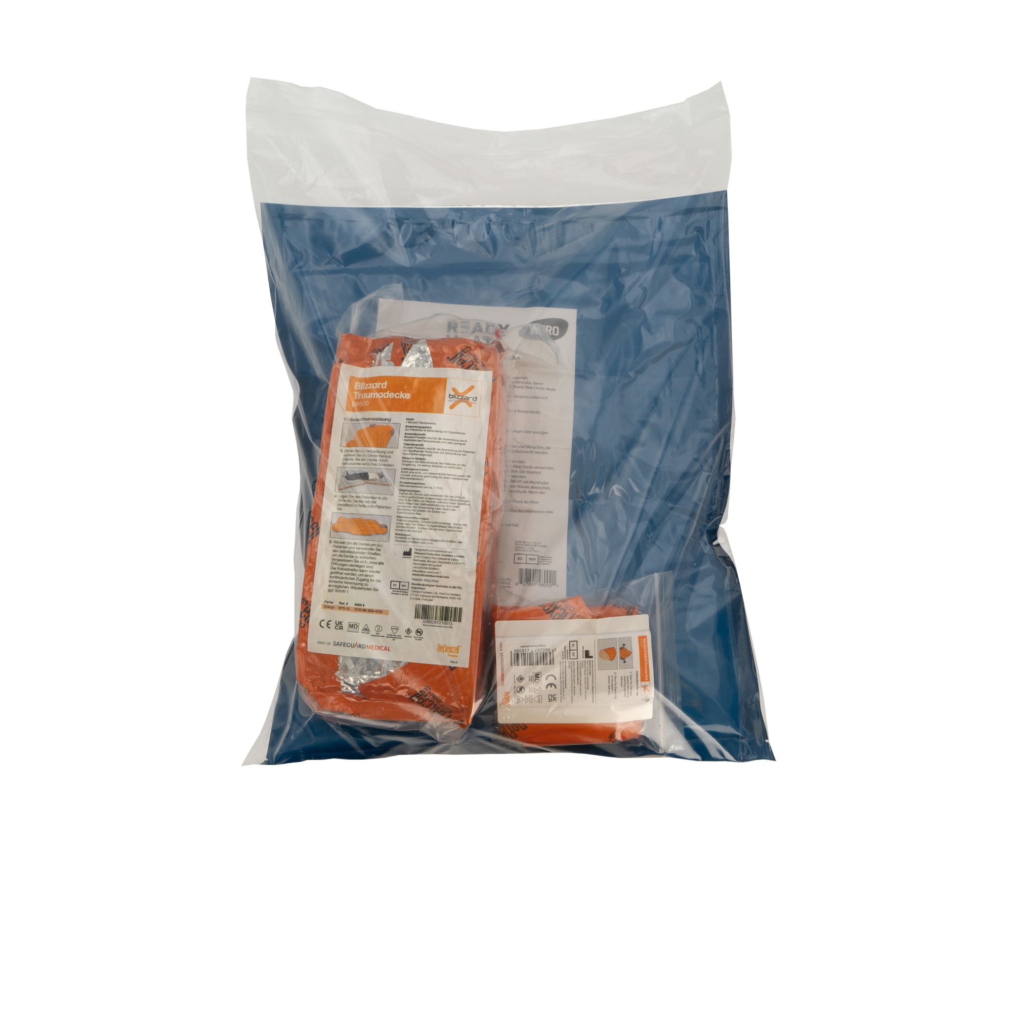 WERO MED-X® Hypothermie Professional Bundle. Orangefarbene Wärmeprodukte in Plastikverpackung, blaue Tasche, Anweisungen.