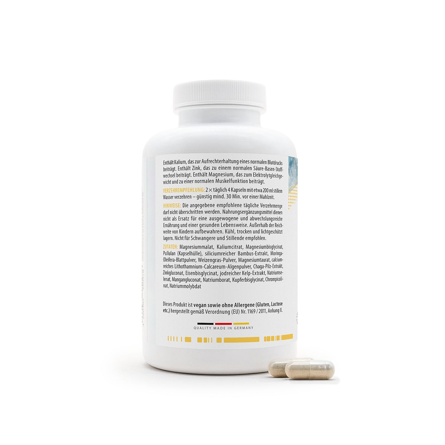 Rückseite eines MITOcare® Premium Minerale Behälters mit Anwendungshinweisen und Qualitätsmerkmalen.