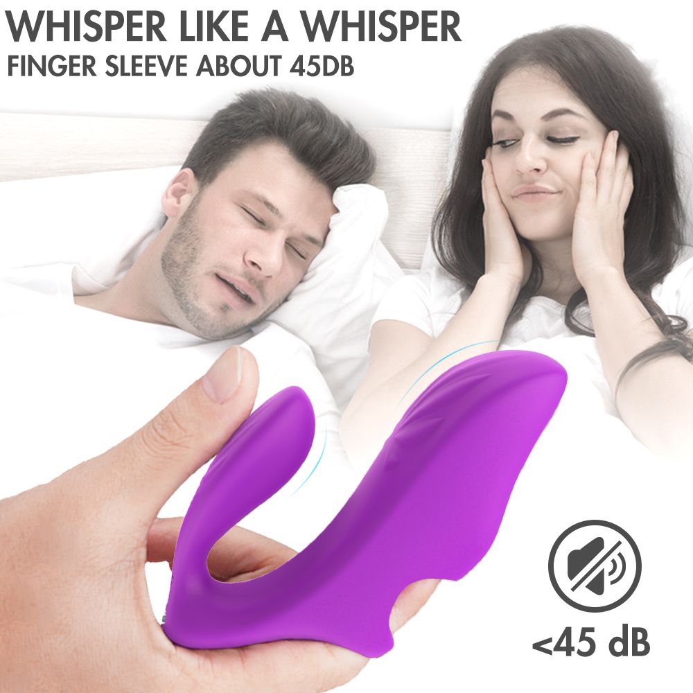 Paarvibrator, lila, in Hand gehalten. Text: "Whisper like a whisper". Paar im Bett, Mann schläft, Frau hält sich Ohren zu.