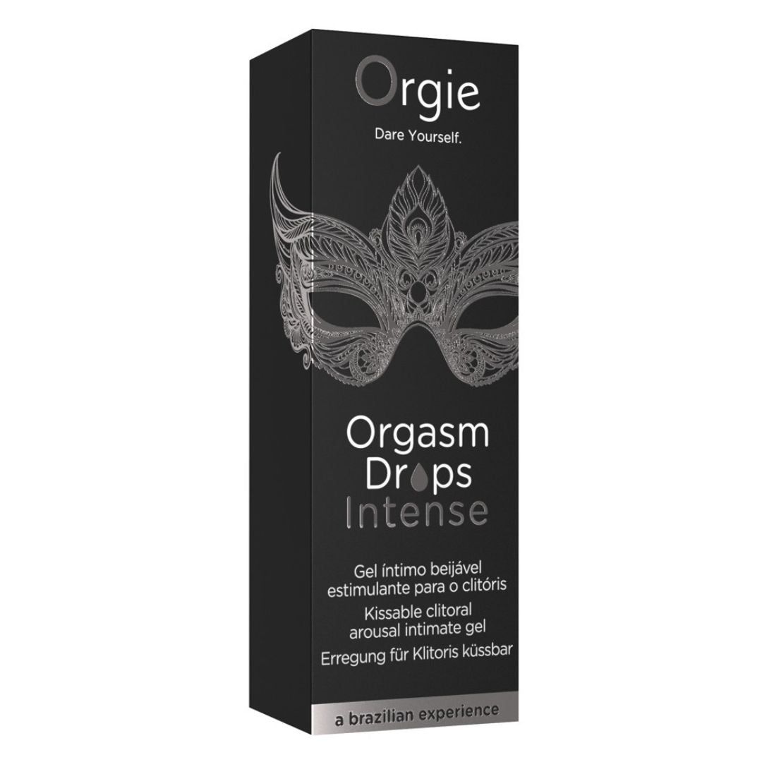 Schwarze Verpackung mit Produktnamen und Masken-Design. Text in mehreren Sprachen.