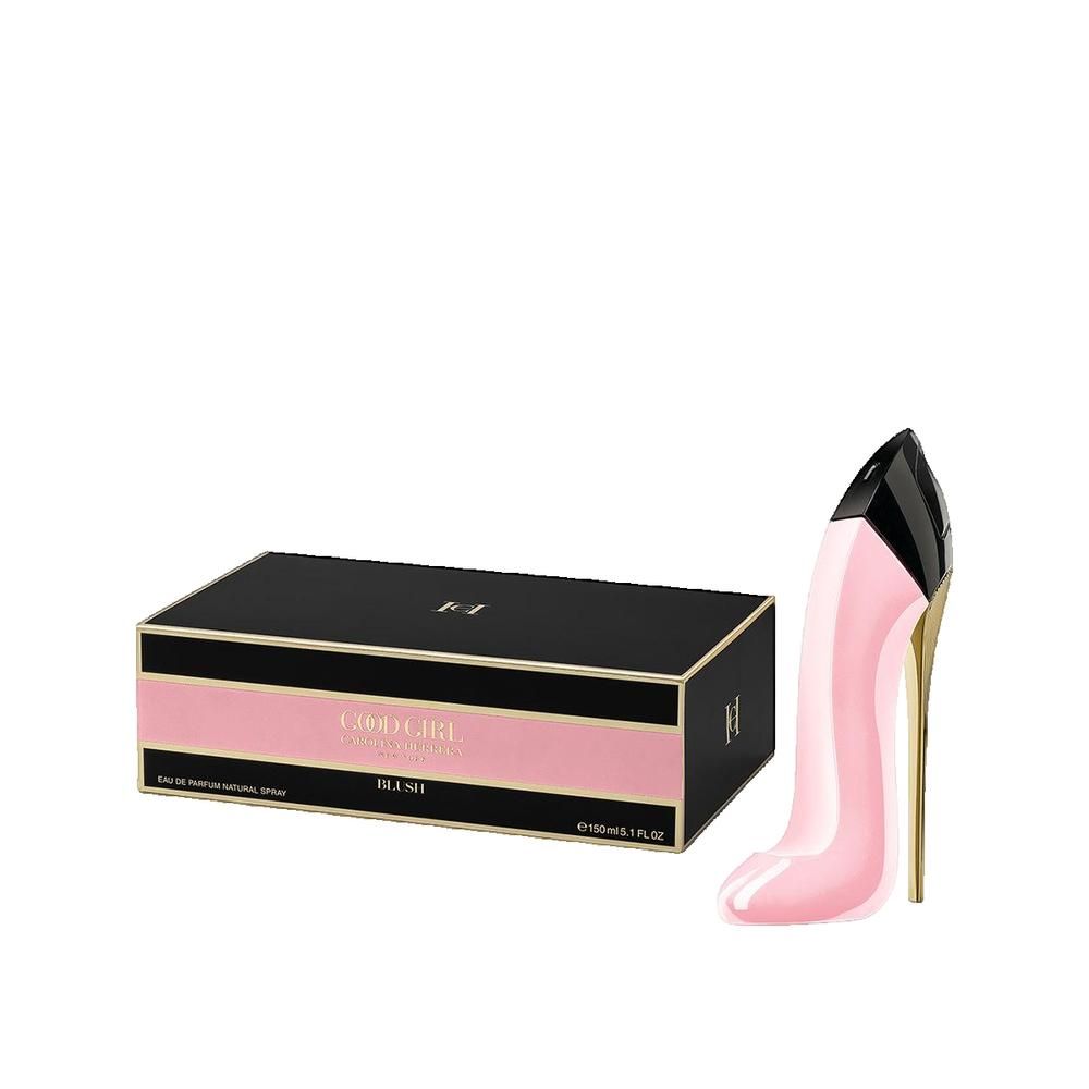 Rosa High Heel Flakon und schwarze Box mit rosa Streifen. Auf der Box steht "Good Girl Blush".