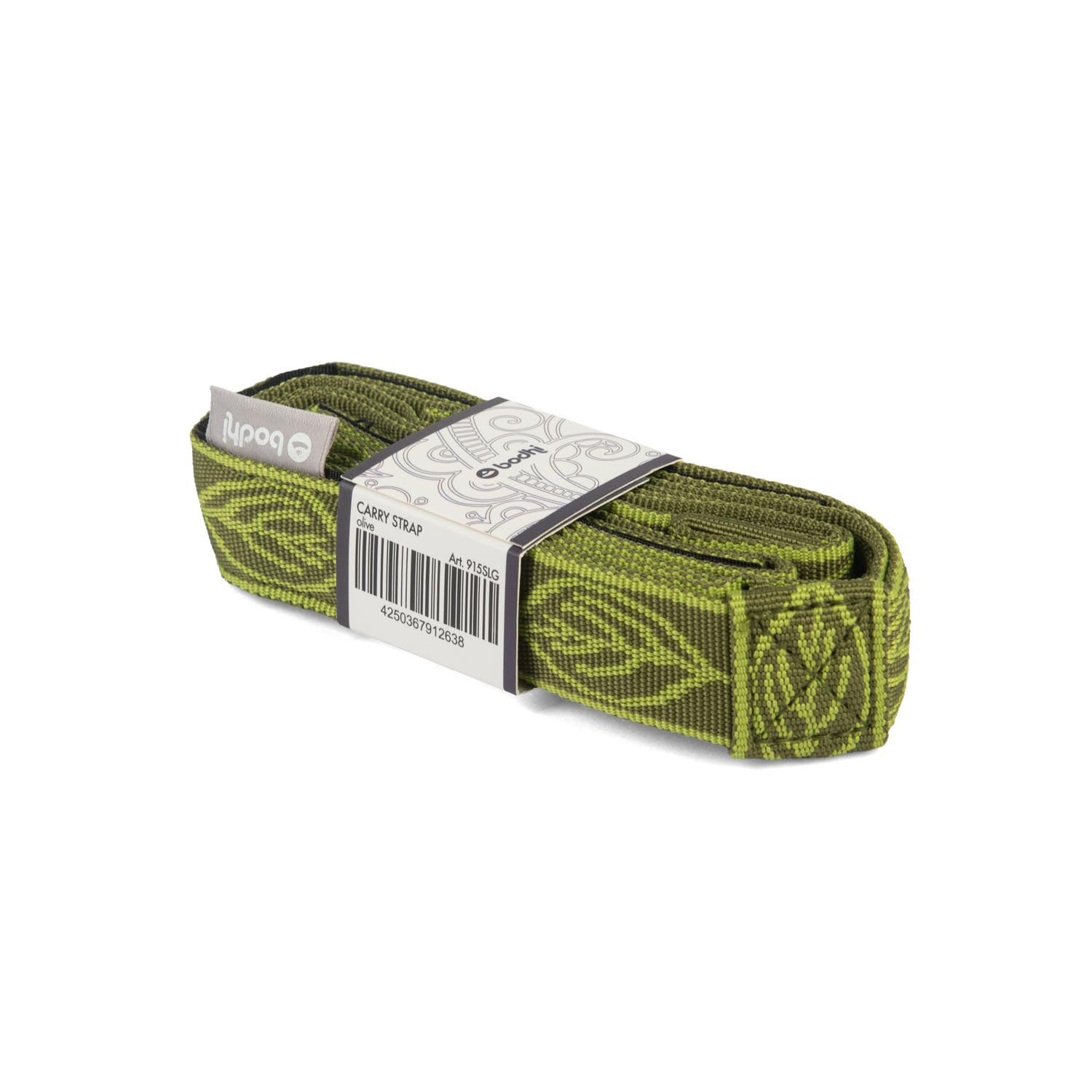 Olivgrüner Yogamatten-Tragegurt mit Blattmuster, verpackt. Bodhi-Logo und Barcode.