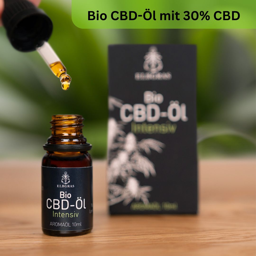 Braune Glasflasche mit Tropfer, Tropfen Öl. Schwarze Verpackung mit 'Bio CBD-Öl Intensiv'.