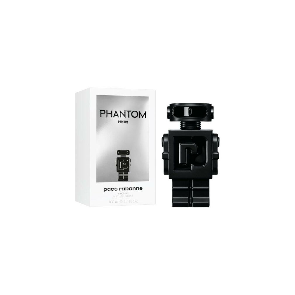 Weiße Verpackung und schwarze Roboter-Parfümflasche. Verpackung mit PHANTOM, Roboter-Abbildung und paco rabanne.