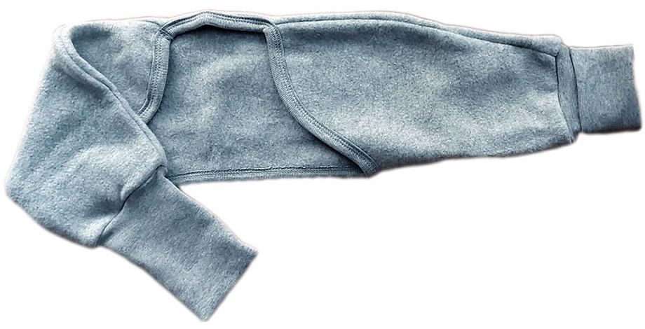 Grauer Bolero-Schlafsackärmel. Aus Bio-BW-Melange. Ärmel mit Bündchen. Offene Vorderseite.