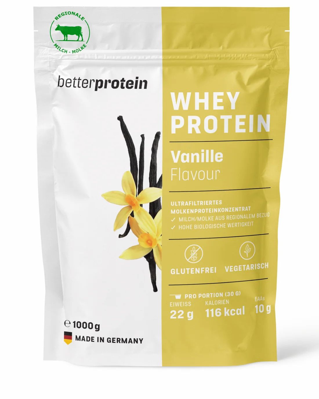 Betterprotein Whey Protein Vanille Geschmack Beutel, 1000g, Made in Germany, mit Nährwertangaben.