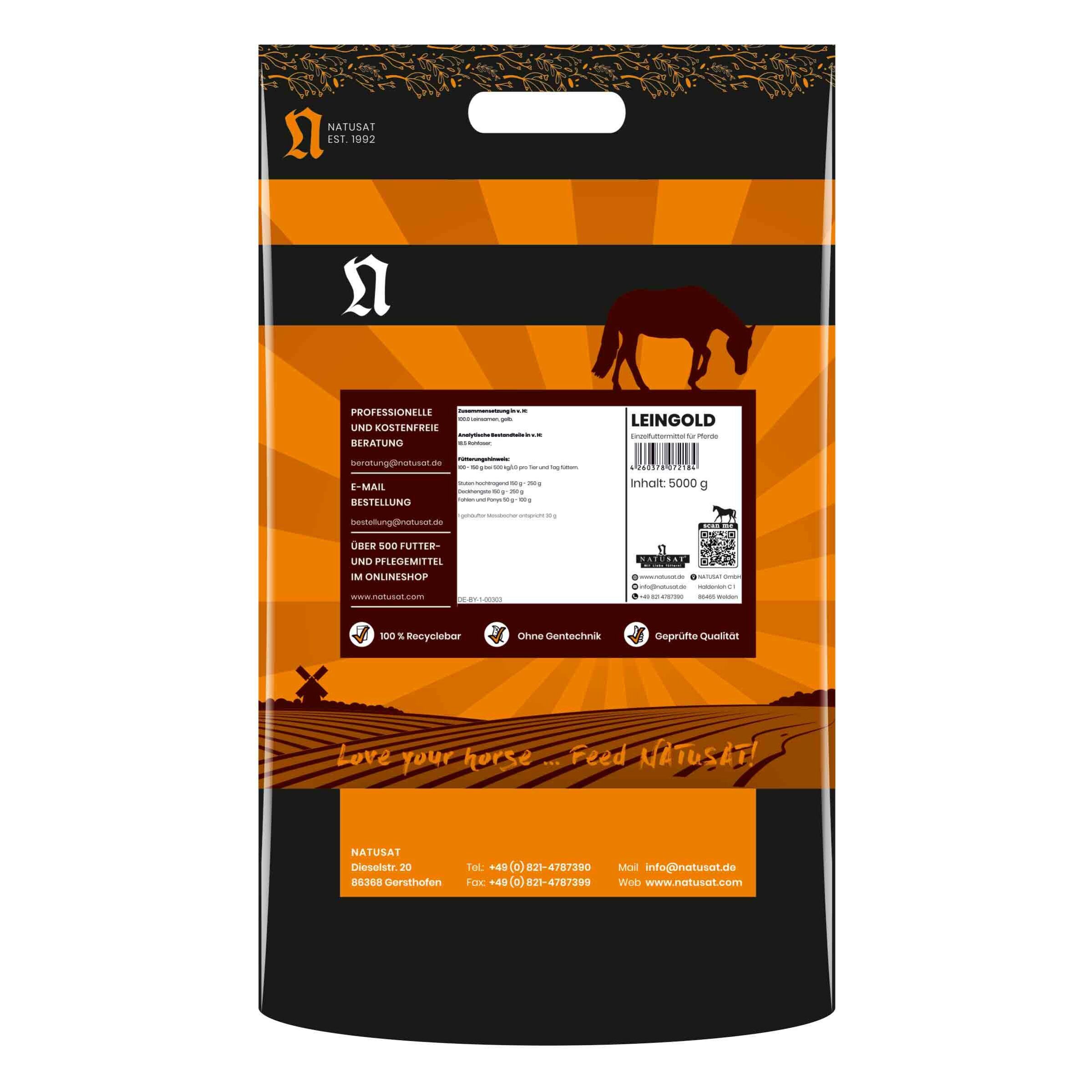 Rückseite Natusat Leingold Leinsamen 5000g Sack mit Produktinfos