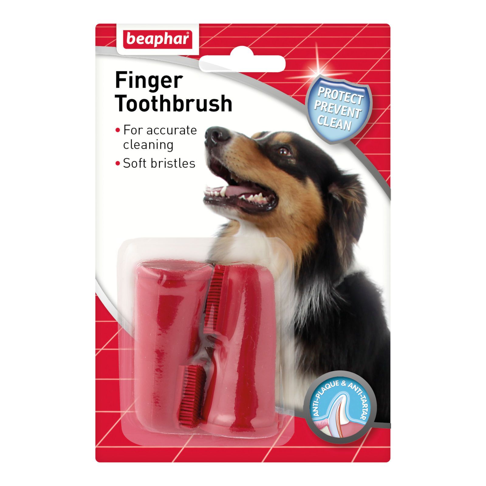 Verpackung mit roten Fingerzahnbürsten. Text: Beaphar, Finger Toothbrush, For accurate cleaning, Soft bristles.