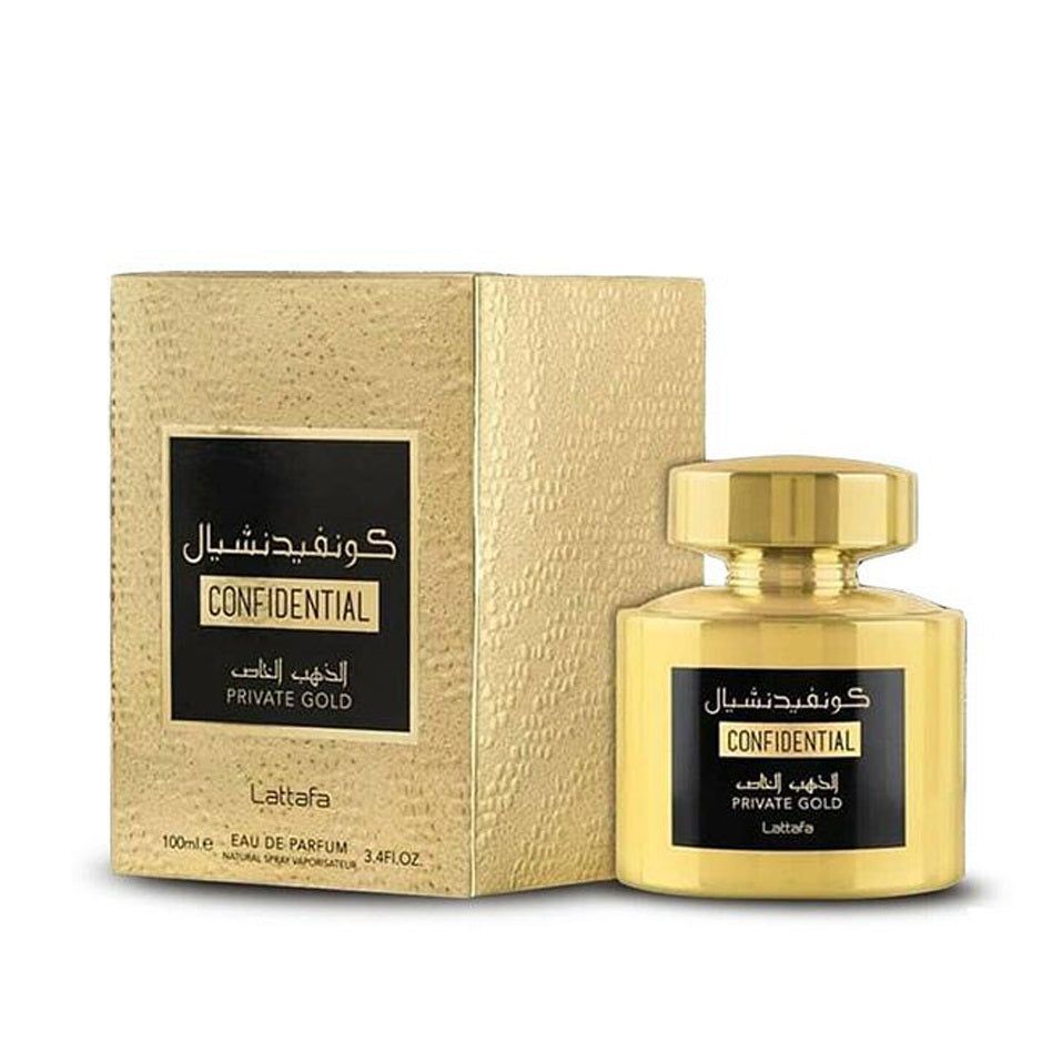 Goldfarbene Flasche und Verpackung. Schwarzes Etikett mit arabischer und englischer Schrift. "Confidential Private Gold" steht drauf.