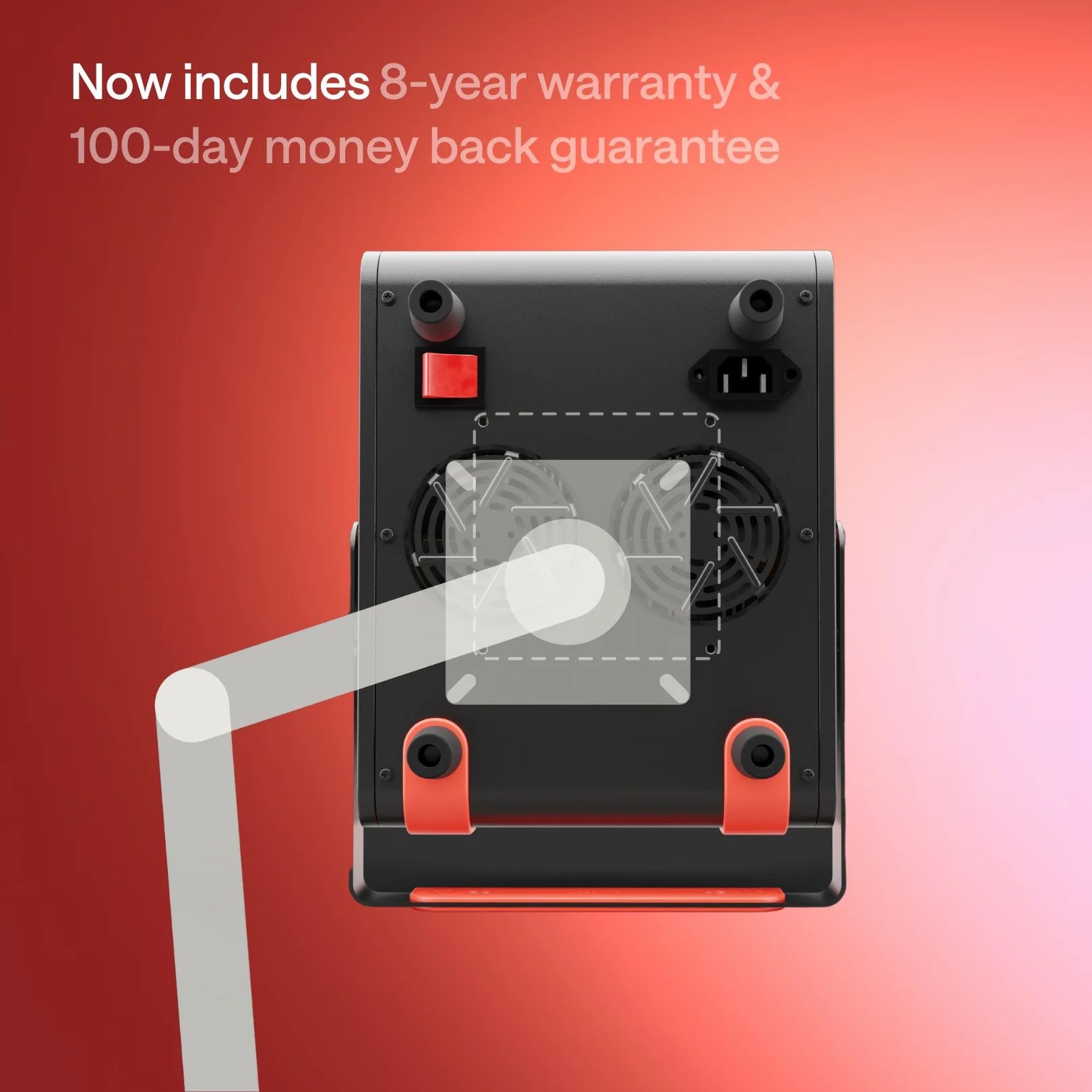 Rückseite des Geräts. Schwarzes Gehäuse, Lüfter, orangefarbener Ständer. Stromanschluss.