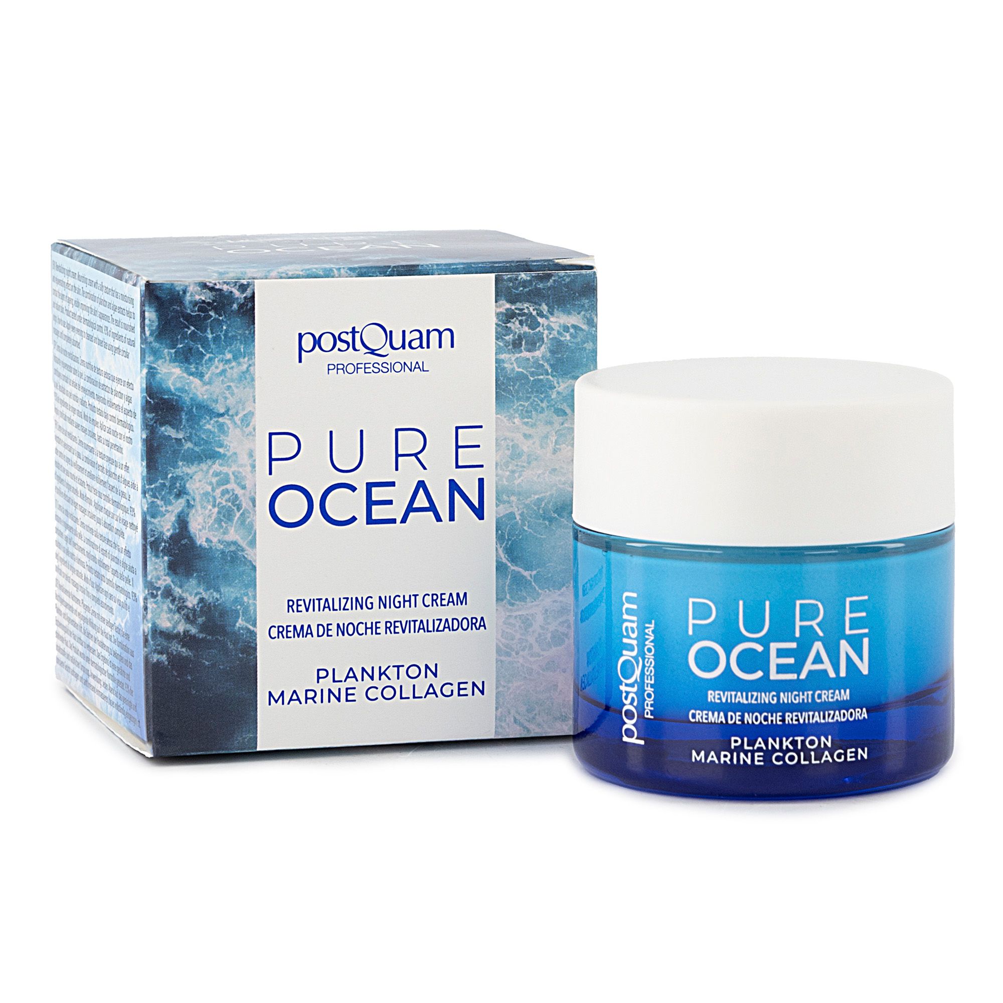 Nachtcreme Plankton PostQuam, blaue Dose und Schachtel. Aufschrift: Pure Ocean, Revitalizing Night Cream, Plankton Marine Collagen.