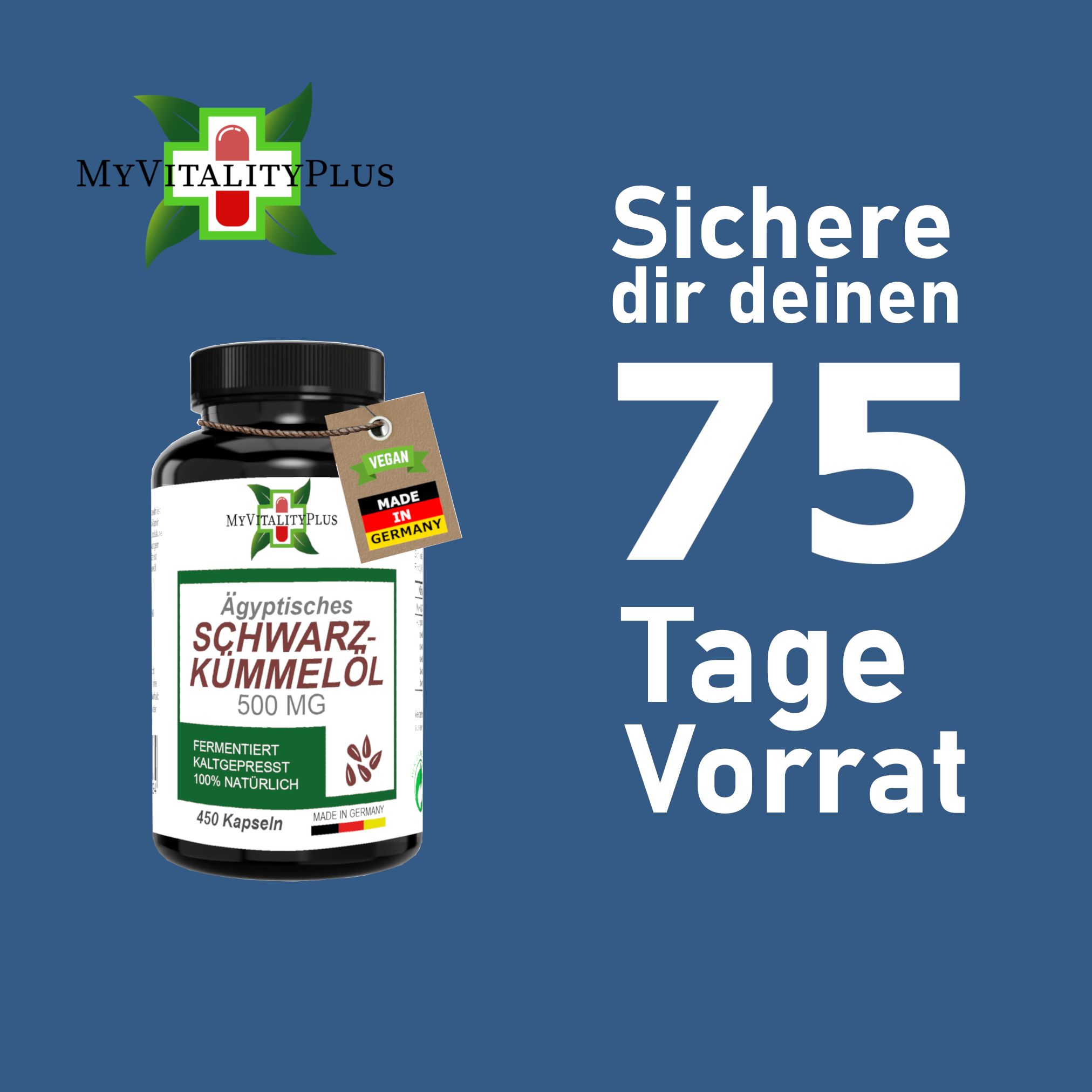 Braune Flasche mit Kapseln. Aufschrift: Ägyptisches Schwarzkümmelöl, 500 MG. Label mit Made in Germany und Vegan-Siegel.