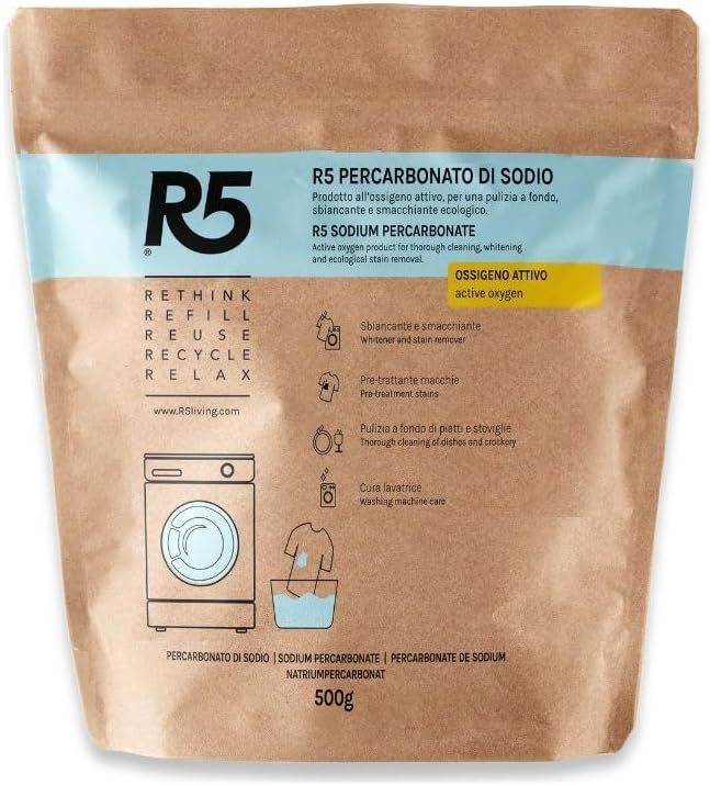 Beutel mit Produktaufdruck. Text: R5, R5 Percarbonato di Sodio, 500g. Waschmaschinen-Symbol.