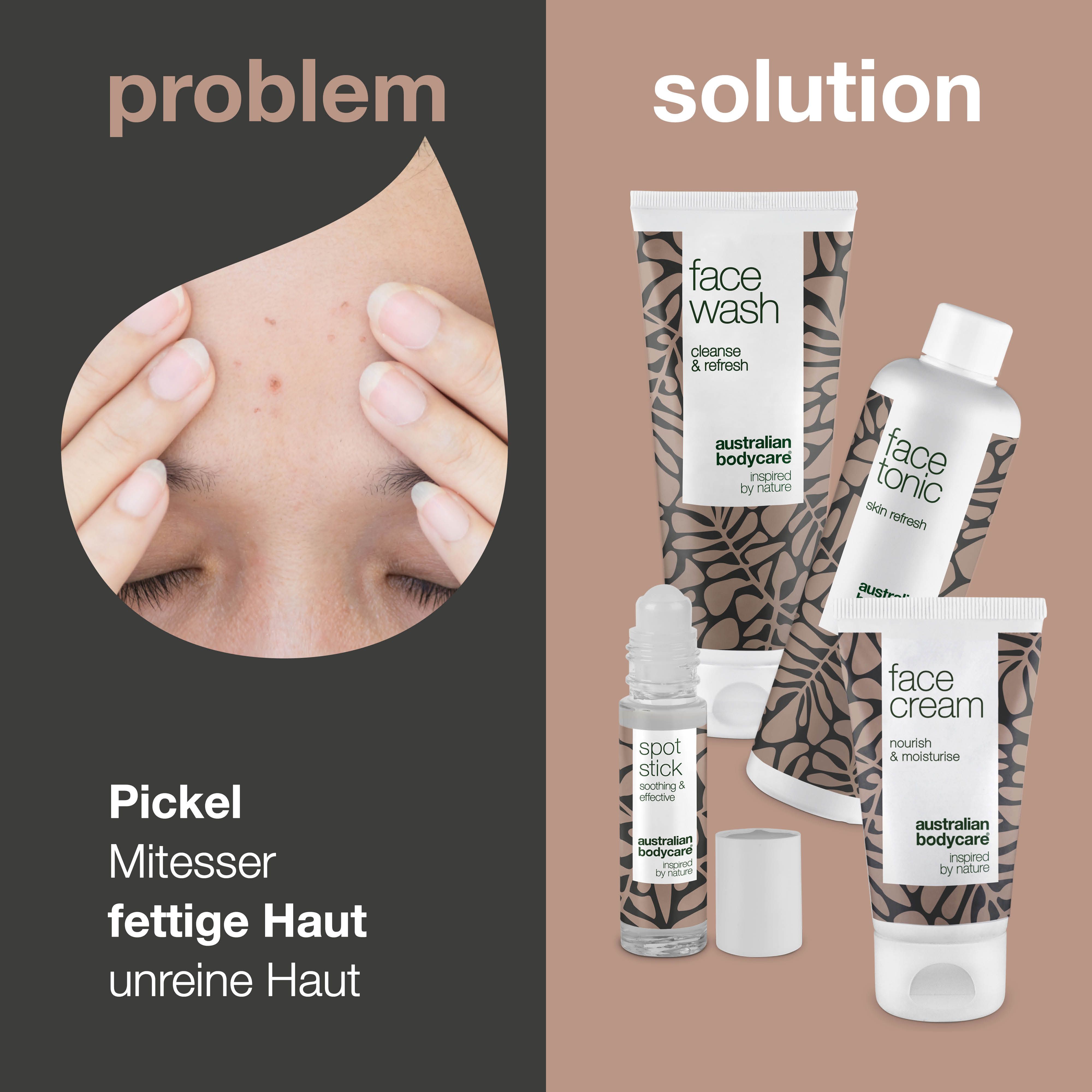 Gesicht mit Pickeln. Produkte: Face Wash, Face Tonic, Face Cream, Spot Stick. Text: Problem/Solution.