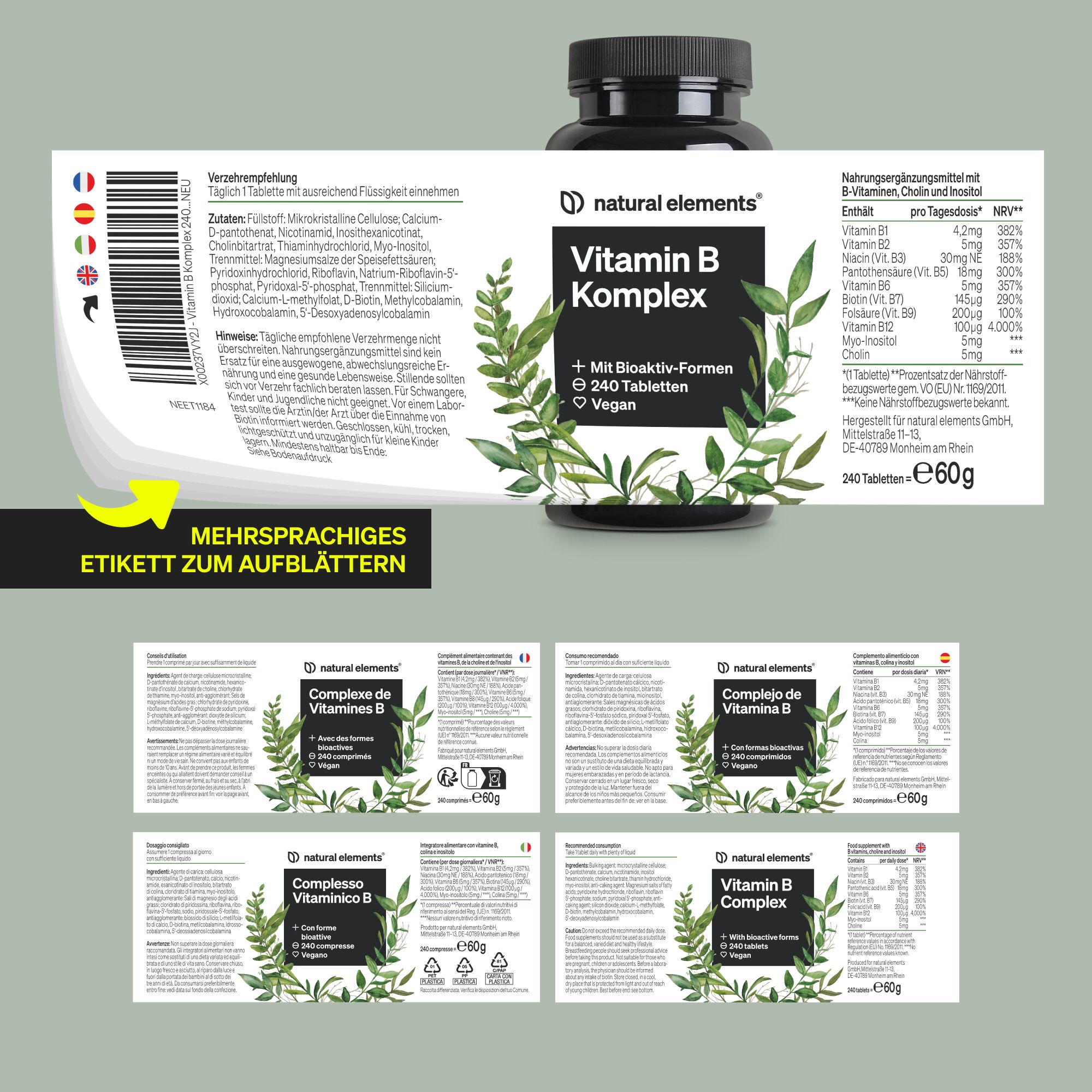 natural elements Vitamin B Komplex – 240 Tabletten – mit 8 essenziellen B-Vitaminen & Kofaktoren