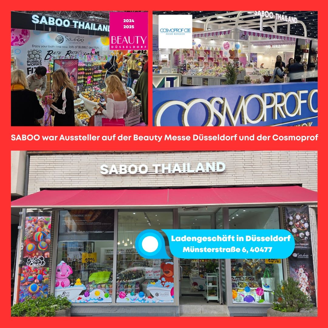 Fotos von Messen und einem Geschäft. SABOO Thailand. Text auf Deutsch. Wellness-Kontext.