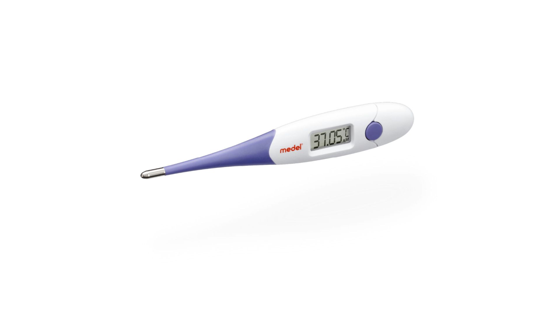 Digitales Fieberthermometer mit LCD-Anzeige, zeigt 37,05°C an. Weißes Gehäuse mit lila Spitze und Knopf.