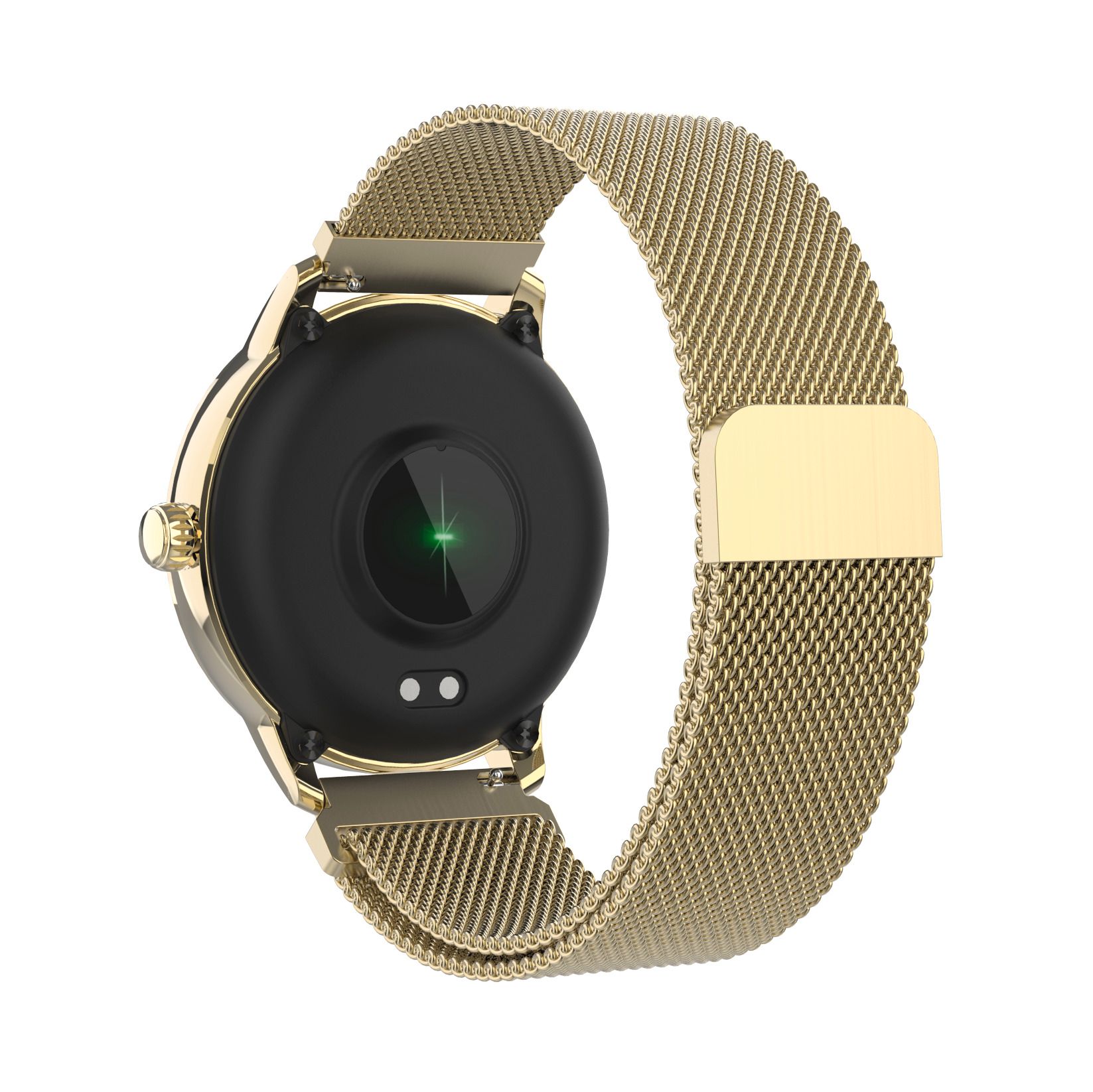 Rückseite einer goldenen Smartwatch mit Mesh-Armband. Schwarze Rückseite mit Sensoren. Goldener Verschluss.