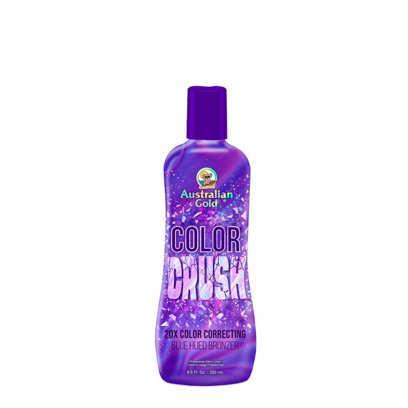 Flasche mit blau-violettem Farbton. Aufschrift: Australian Gold, Color Crush, 20X Color Correcting Blue Hued Bronzer.