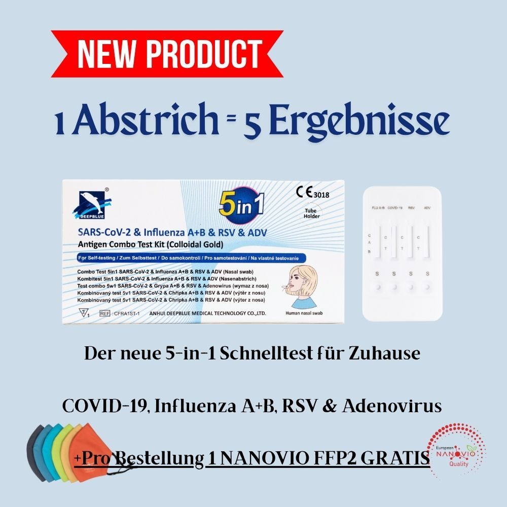 DeepBlue 5-in-1 Test COVID-19, Grippe A/B, RSV, Adenovirus inkl. gratis Nanovio FFP2-Maske